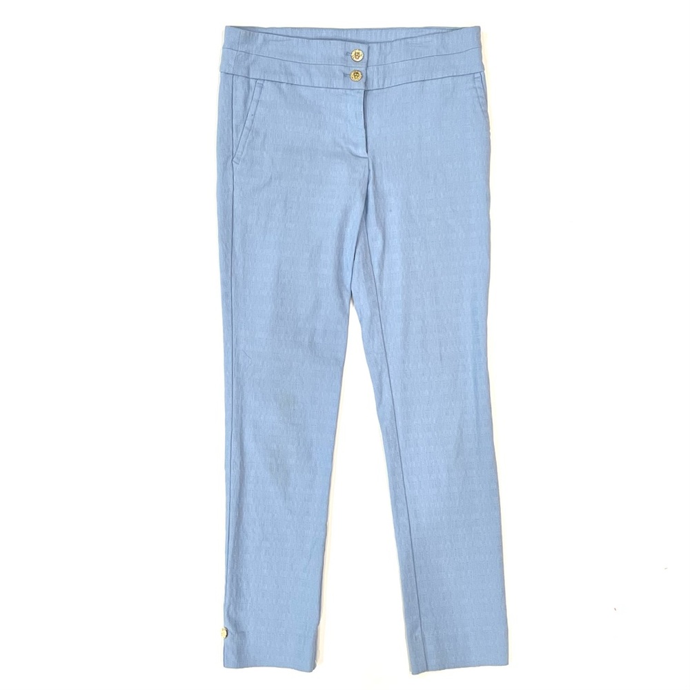Anne Klein Light Blue Gold Button Flat Front Textured Stretch Ankle Pants 4 EUC